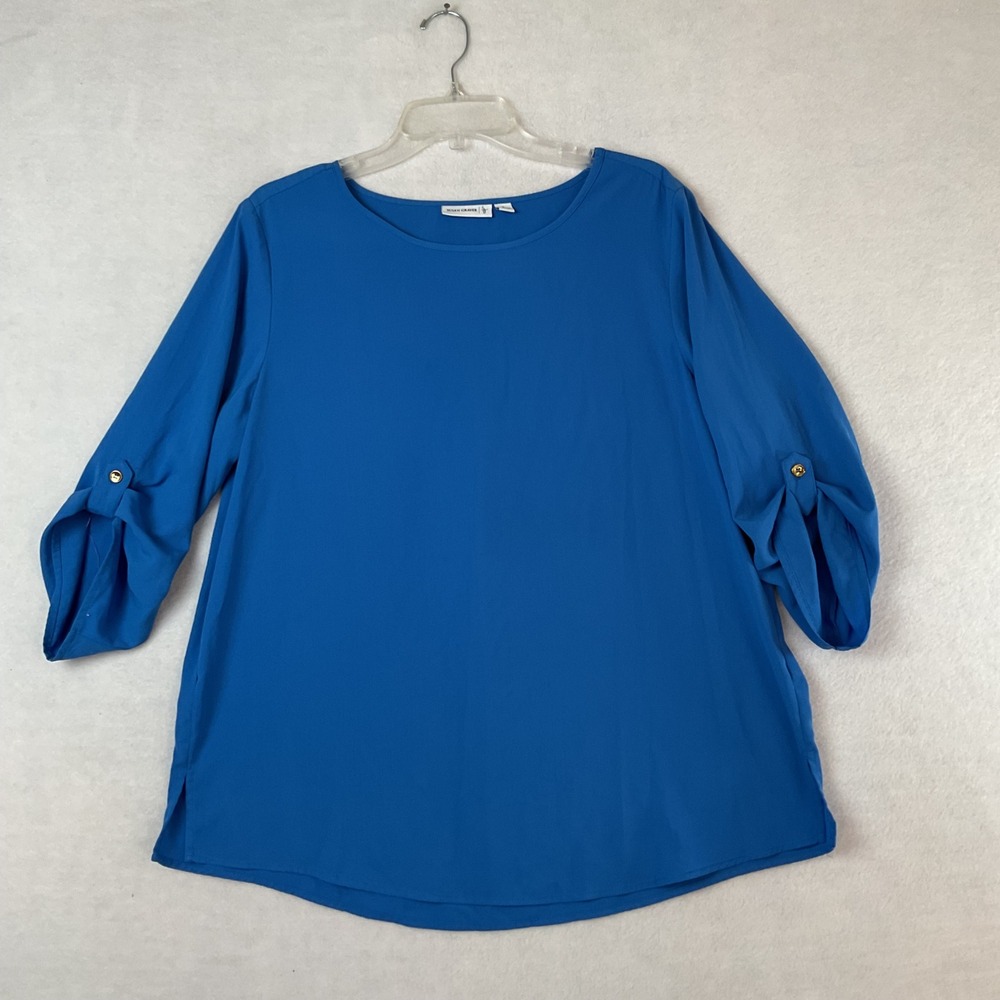 Susan Graver Blue Roll Tab Sleeve Scoop Neck Blouse Womens Large